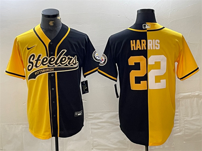Men's Pittsburgh Steelers #22 Najee Harris Yellow/Black Split With Patch Cool Base Stitched Baseball Jersey